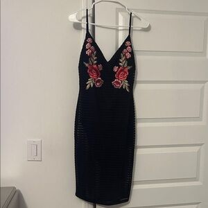 The Vintage Shop Black Dress with Red Floral Embroidery